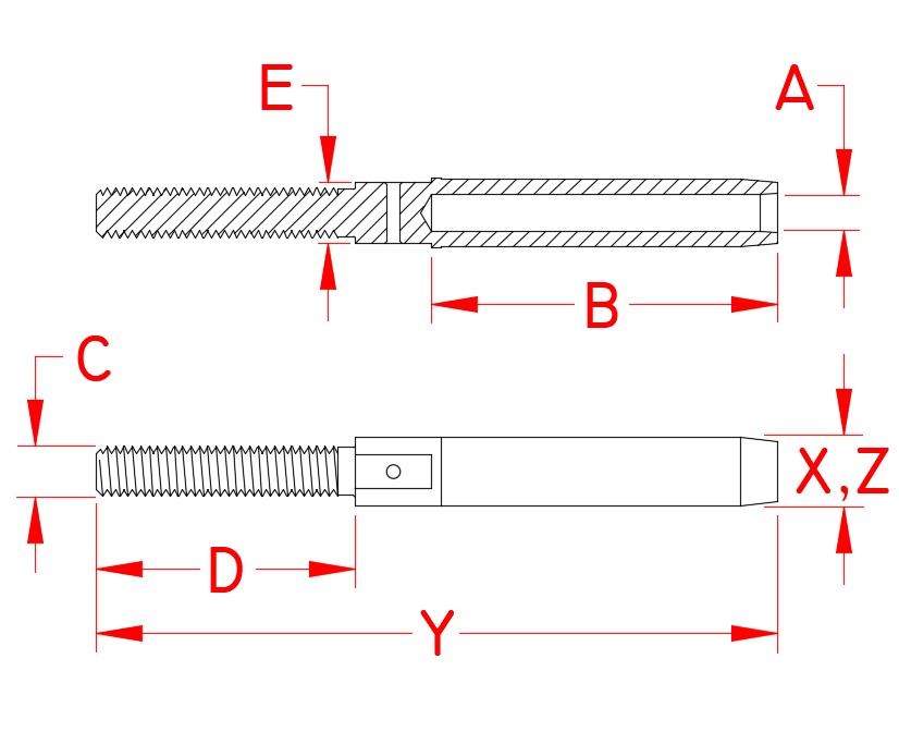 Mil. Spec Swage Stud, stainless steel, MS21259, UNF, left hand, MS21259-2LH, MS21259-3LH, MS21259-4LH, MS21259-5LH, MS21259-6LH, MS21259-8LH, MS21259-10LH, MS21259-12LH, Line Drawing